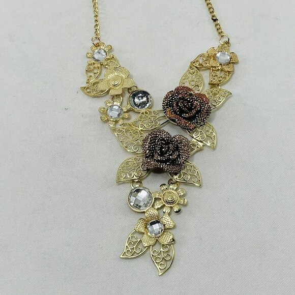 Rose Flower Necklace Earrings Matching Set Statement Gold Tone Chunky Retro Big - Picture 4 of 12